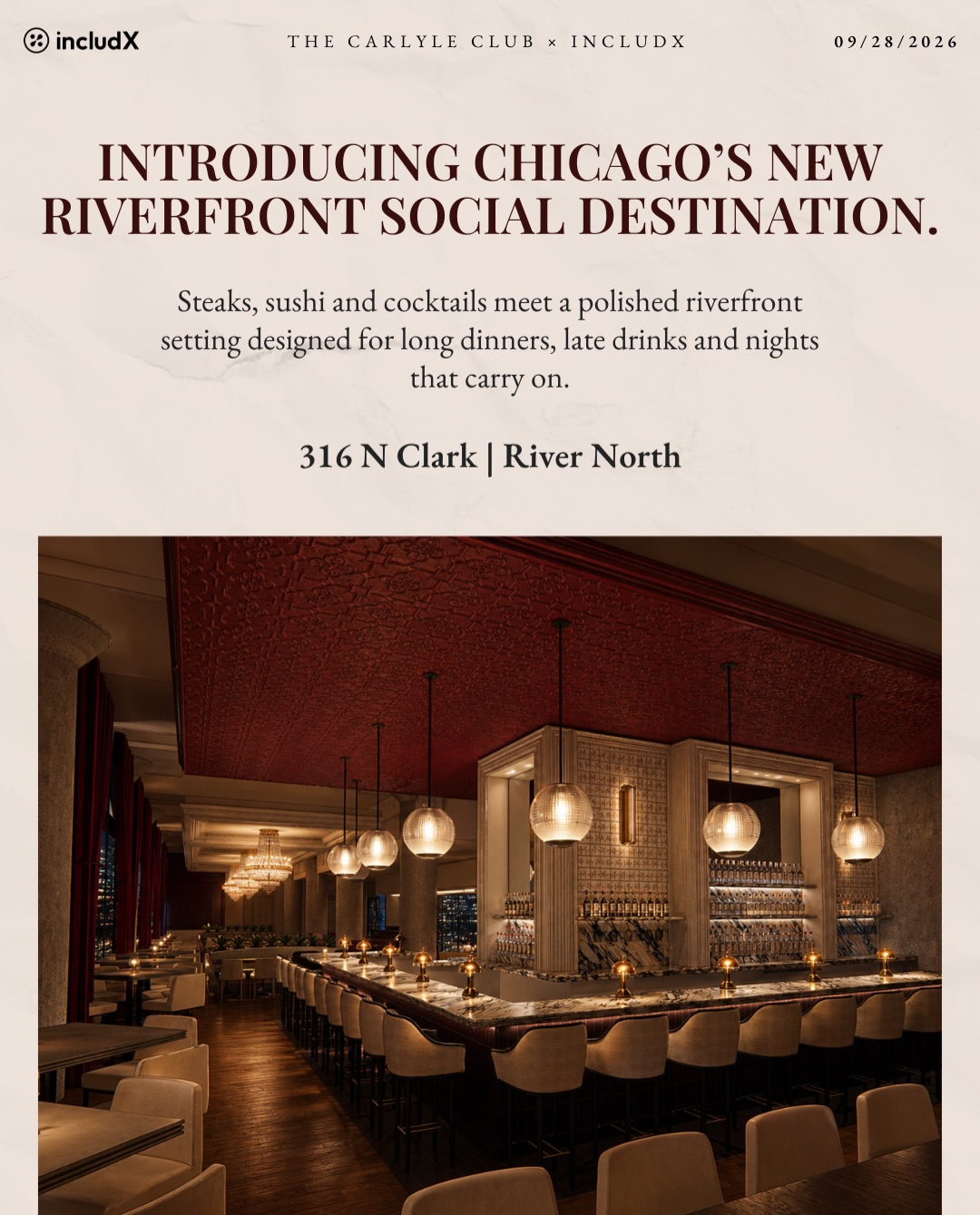 The Carlyle Club interior in Chicago, presented by includX