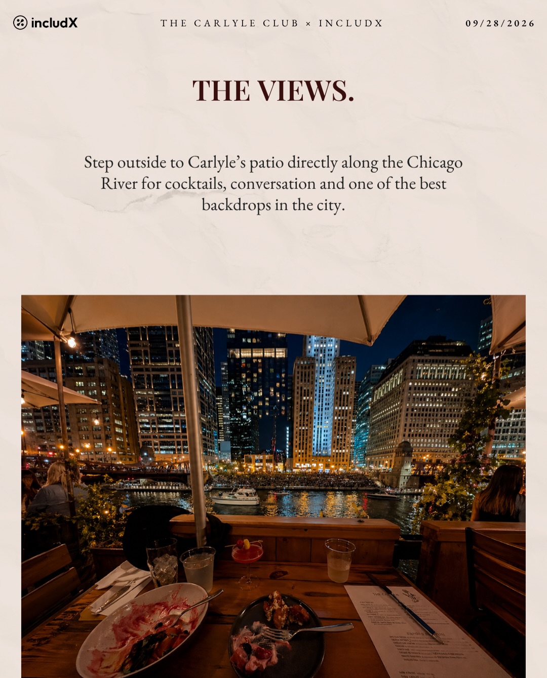 Nighttime Chicago River view from The Carlyle Club patio