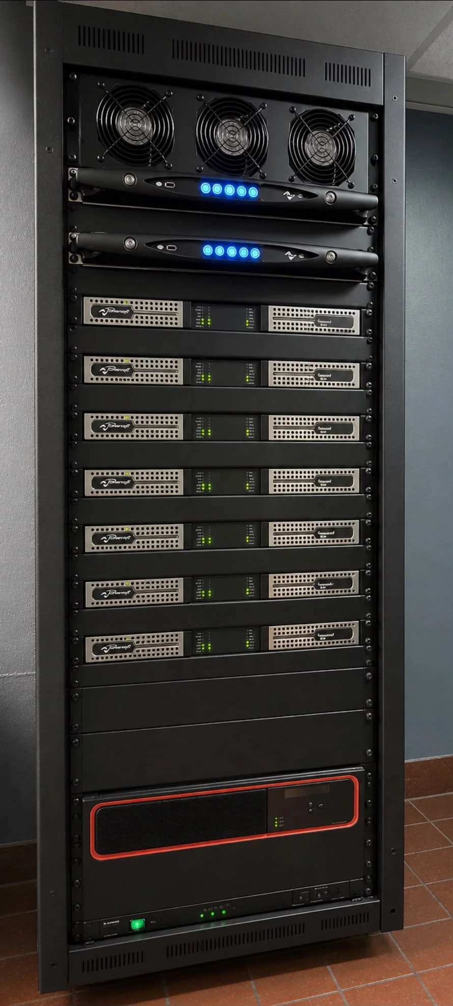 Palace Bar audio equipment rack with Powersoft amplifiers